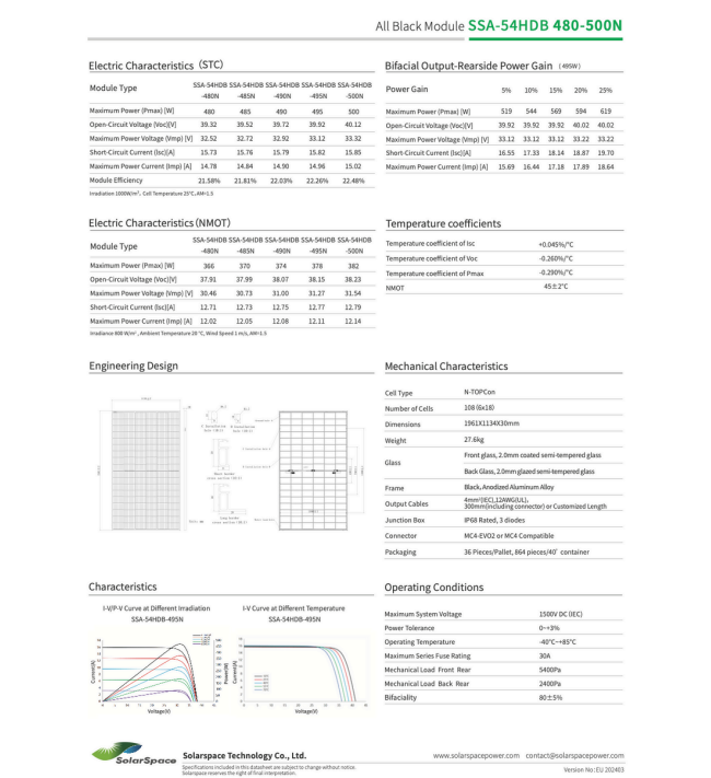 Laden Sie das Bild in Galerie -Viewer, Bifaziales Doppelglas-Solarmodul 500W SolarSpace SSA-54HDB N-Typ

