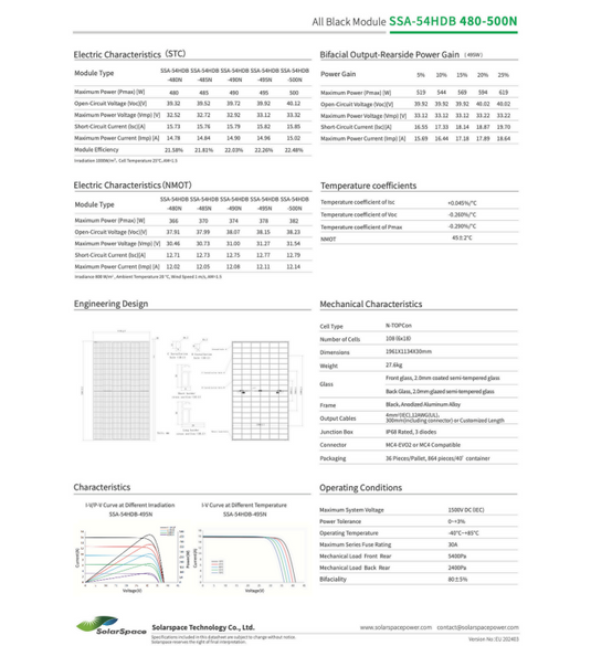 Bifaziales Doppelglas-Solarmodul 500W SolarSpace SSA-54HDB N-Typ